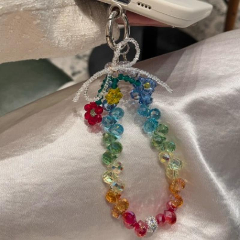 Handmade Rainbow Beaded Phone Charm with Flower & Bow,Cute Colorful Glass Bead Keychain for Bag & Phone Decor