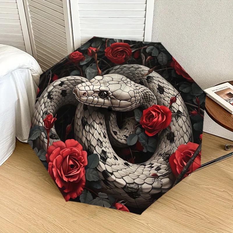 1pc Snake and Roses Circular Artwork Umbrella with Plastic Handle,Suitable for All Seasons Home Travel Outdoor UmbrellaDD1636
