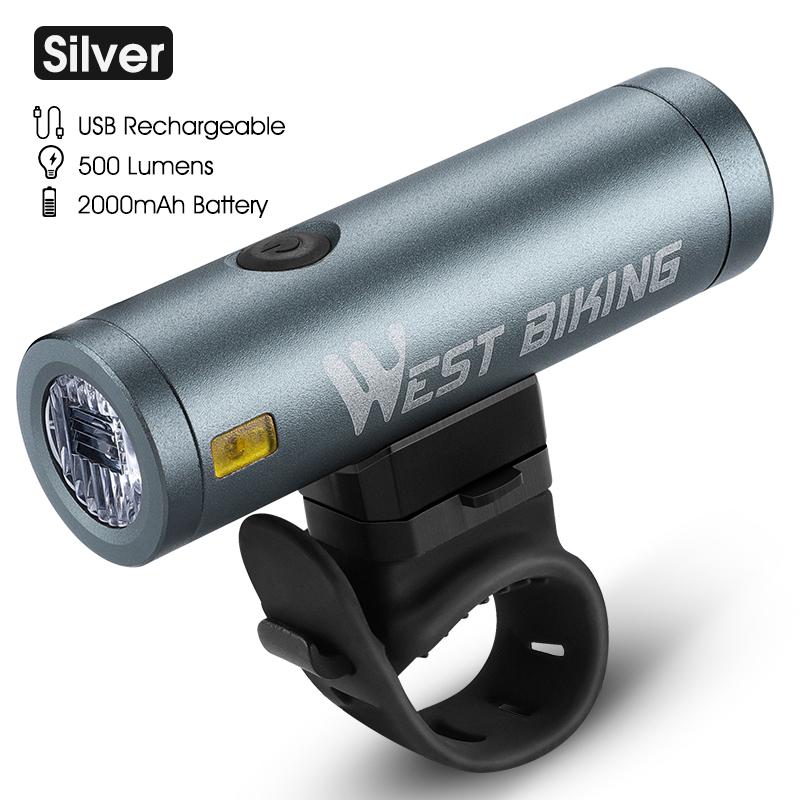 WEST BIKING Bicycle LED Front Lights USB Rechargeable Mini Portable Aluminium Alloy Flashlight 360° Rotatable Lights Holder Silver Front Light