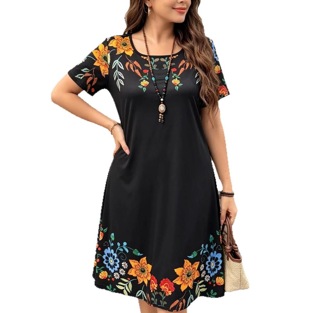 Europe, America, large size plant flower print, fashionable and elegant round neck short-sleeved dress, women's large size thin dress