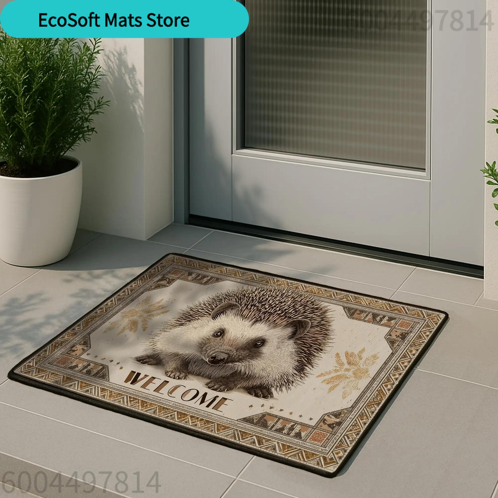 1pc Cute Hedgehog Welcome Floor Mat- Non-Slip PVC Backing, Machine Washable 100% Polyester Mat, Brown Beige Rectangular Indoor 40cm x 60cm