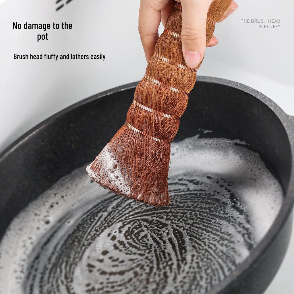 Natural Long-Handled Palm Pot Brush - Gentle on Hands, Ideal for Kitchen Dishwashing
