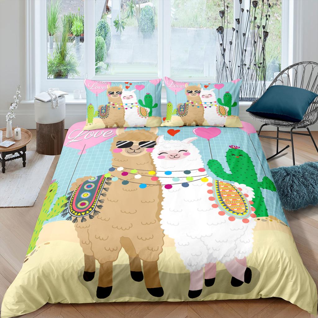 Alpaca Duvet Cover King Queen Size Kawaii Farm Animal Theme Bedding Set Kids Cartoon Llama Alpaca 2/3pcs Polyester Quilt Cover