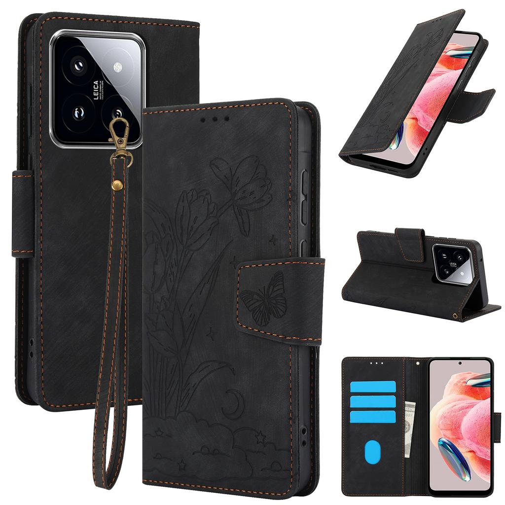 SY-001 For Xiaomi 14T Pro Case Flower Butterfly Leather Wallet Phone Cover with Hand Strap