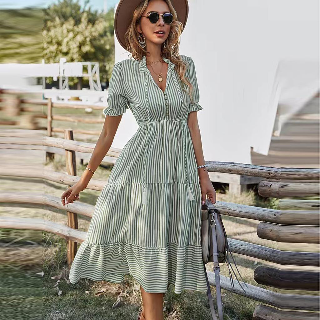 Striped Summer Dress Women Fabric Relaxed Fit V-Neck Asymmetrical Hem