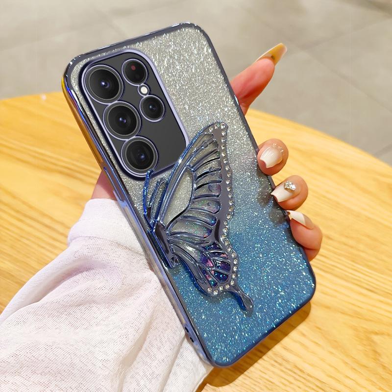 Applicable to Samsung S25ULTRA mobile phone case A05 electroplating glitter NOTE20 diamond-encrusted quicksand butterfly bracket A53 set