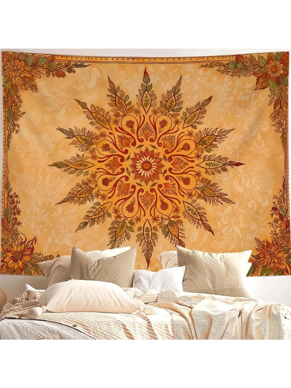 

Bohemian Mandala Floral Tapestry, Vintage Bedroom Aesthetics Vintage Orange Yellow Flower Small Tapestry Wall Mounted Dorm Room 70x100CM