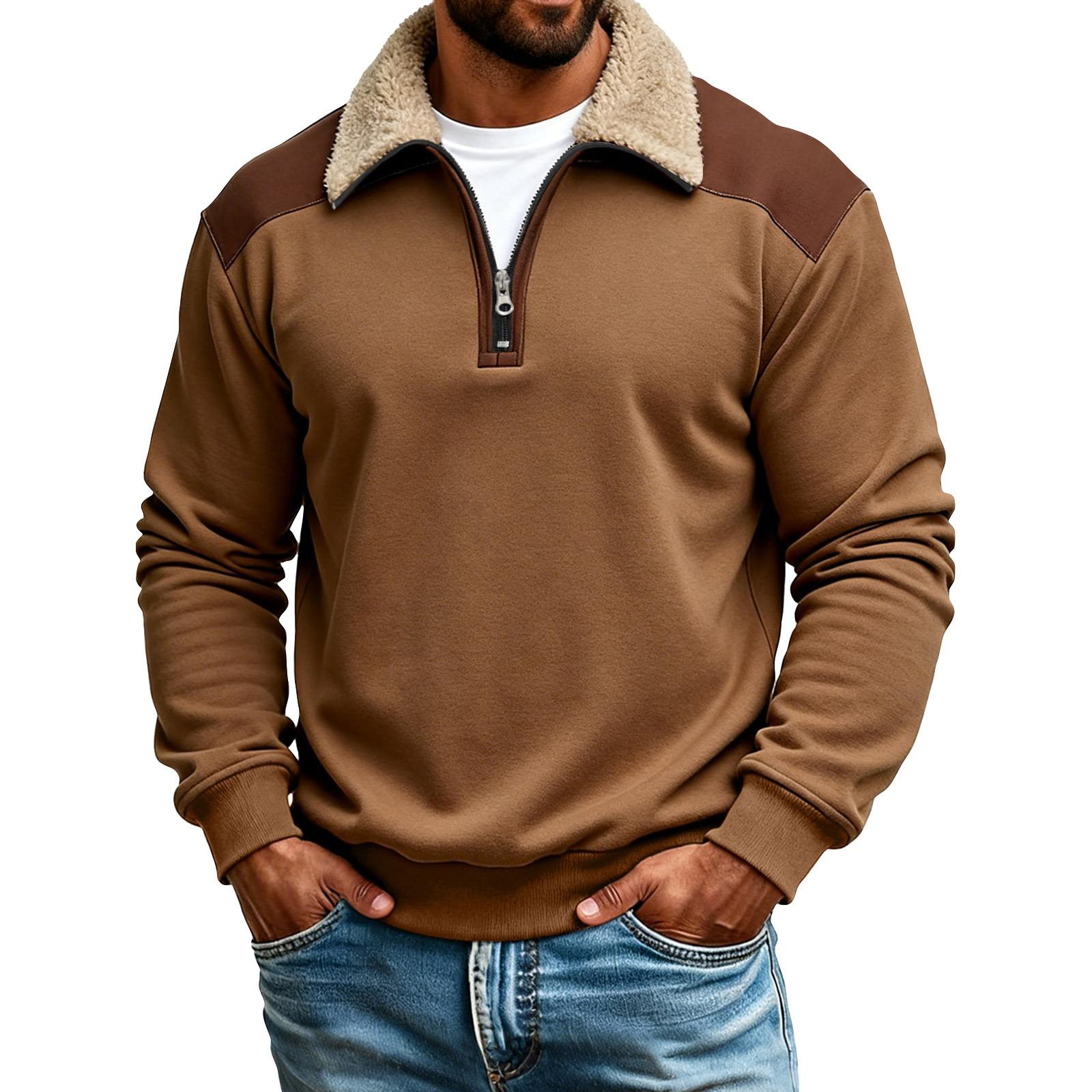 

Мужской плюшевый свитшот с колор-блоком, воротником-стойкой на молнии до половины, спортивный повседневный свитшот больших размеров для мужчин L