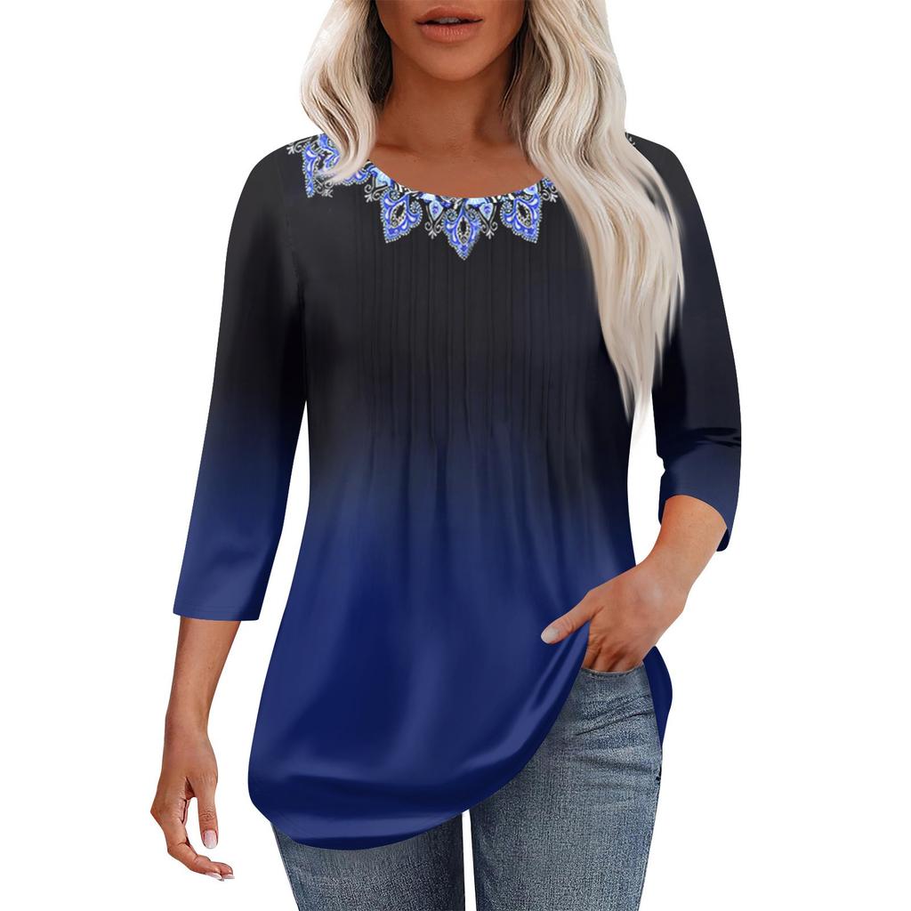 Women's Fashionable Casual Pleated Round Neck Casual Floral Print Seven Quarter Sleeved T-shirt Top