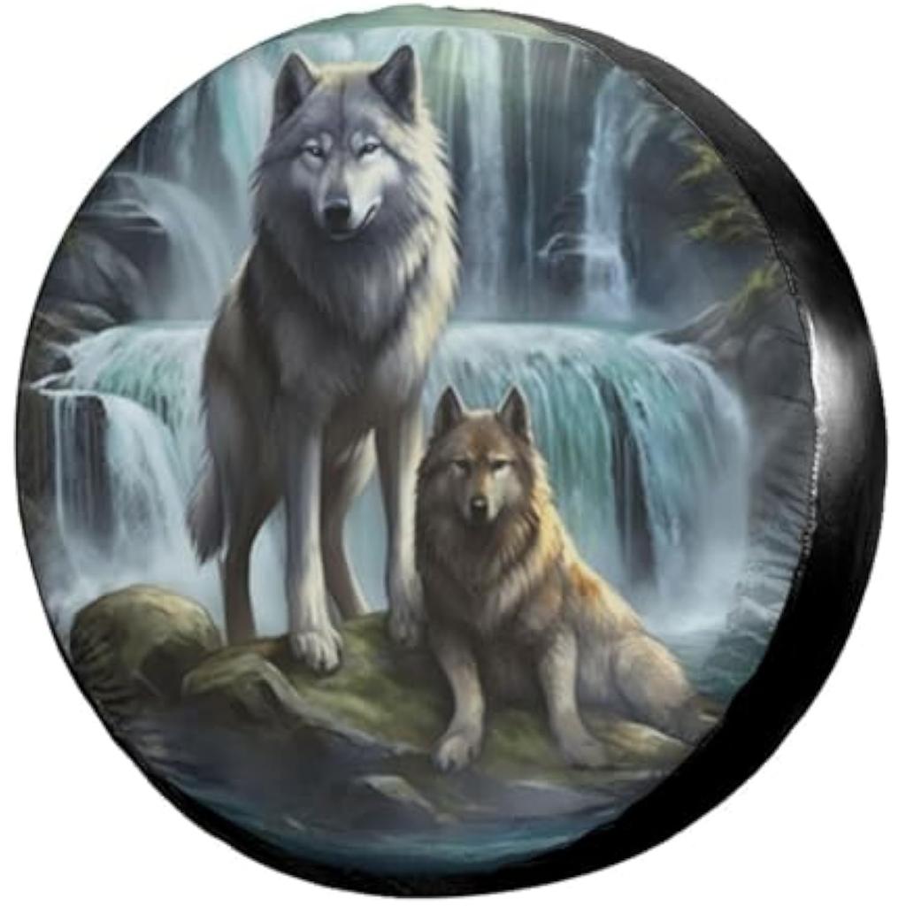 Wolf Pair Waterfall Graphic Tire Cover Durable Spare Wheel Cover for RV SUV Trailer 14 Inch