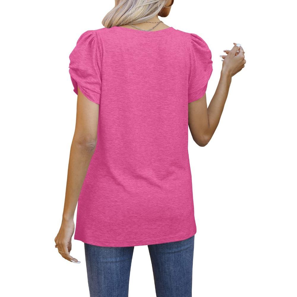 GMXIA Spring Summer Solid Color Knotted V-neck Short-sleeved T-shirt Base for Women