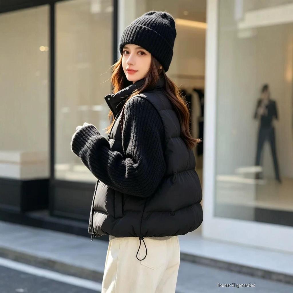 Winter Korean Style Knitted Patchwork Padded Jacket - Versatile & Chic Stand Collar Design.