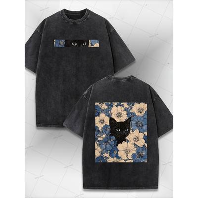 Black Cat Floral Pattern Fun Printing Retro Washed Pure Cotton T-shirt Yk Style American Street Style Suitable for Both Men