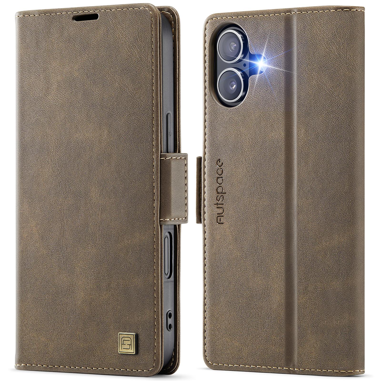 

For iPhone 16 Case AUTSPACE A11 RFID Blocking Retro Leather Cell Phone Wallet Cover Brown