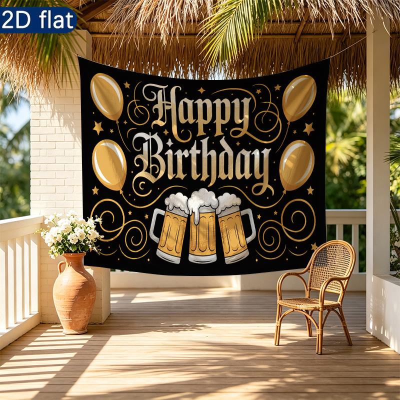 Golden Balloons Gifts Beer Mugs Birthday Party Backdrop, Polyester Banner for Photo Background & Decor