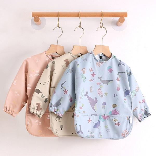 Lemayer self-directed baby food long-sleeved waterproof bib infant tactile play apron, beige dinosaur S, 1 piece, 1 piece