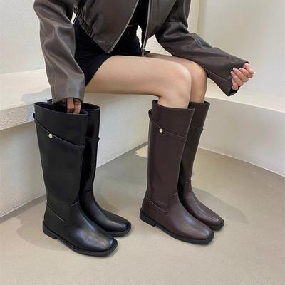 Stivali Alti Stivali da Donna Autunno e Inverno Circonferenza Gambale Larga Retro Piccola Fibbia Dorata Non Sopra il Ginocchio Stivali da Cavaliere