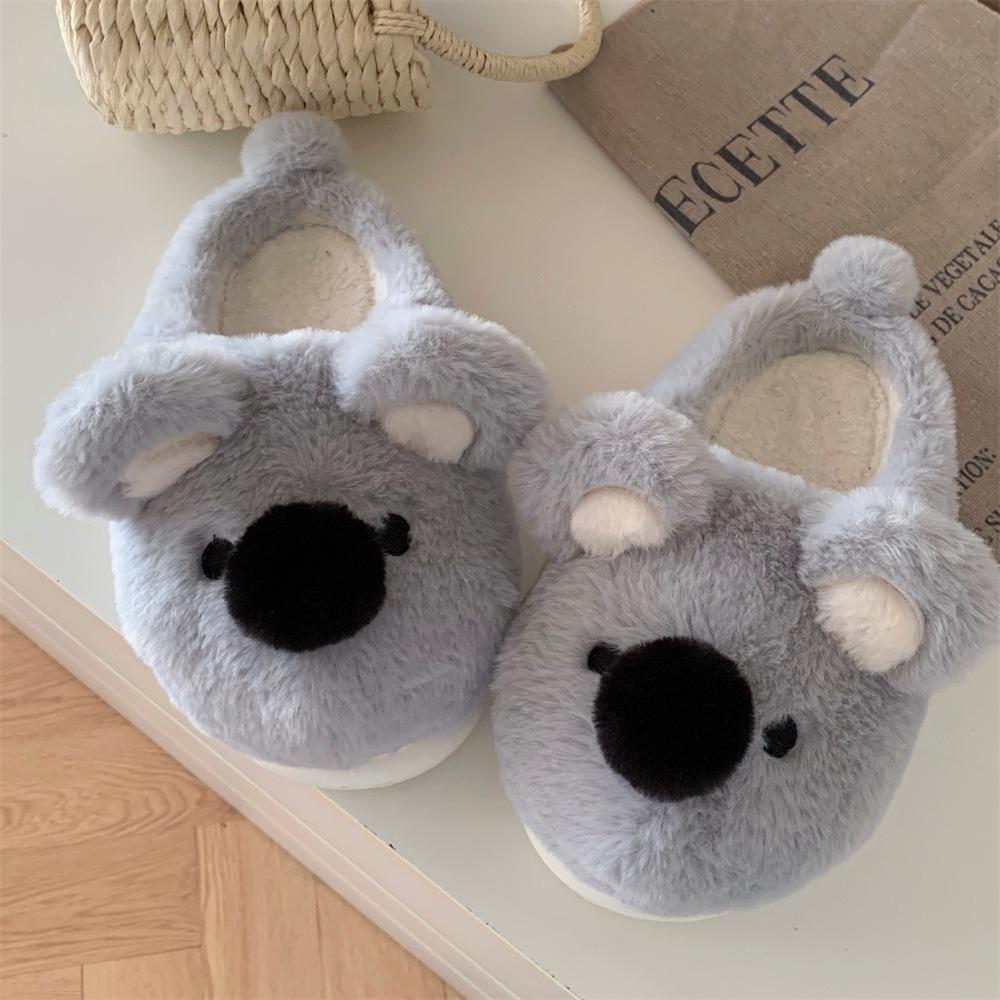 Fashion Women Indoor Fluffy Slippers Cute Cartoon Koala Winter Warm Shoes  Faux Fur Anti-slip Gray Color Couples Home Floor Slipper