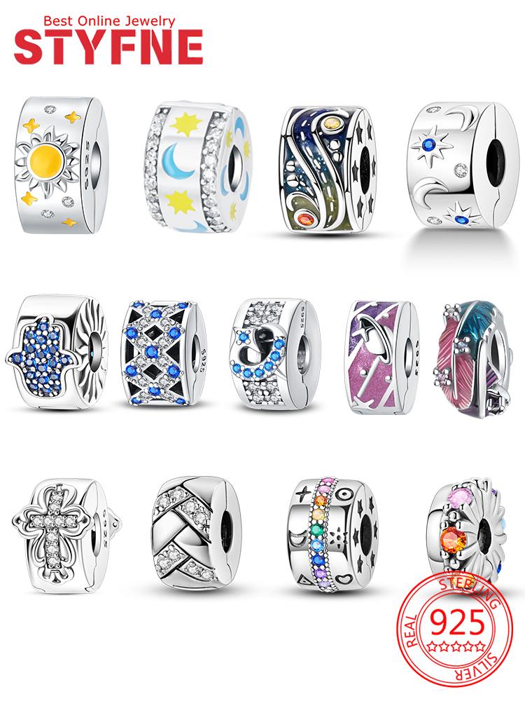 Clip Spacer Charm For Bracelet Clip Lock Stopper Bead Copper Spacer European Openable Sun Moon Star Beads Gift