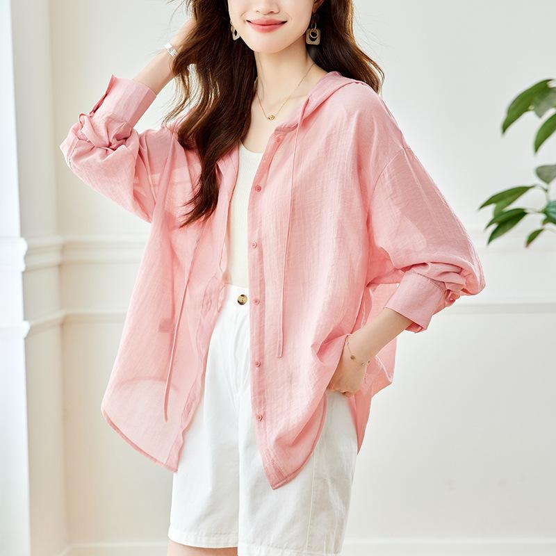 Cămașă subțire cu glugă și mâneci lungi în stil leneș, haine de protecție solară pentru primăvara femeilor, top nou larg