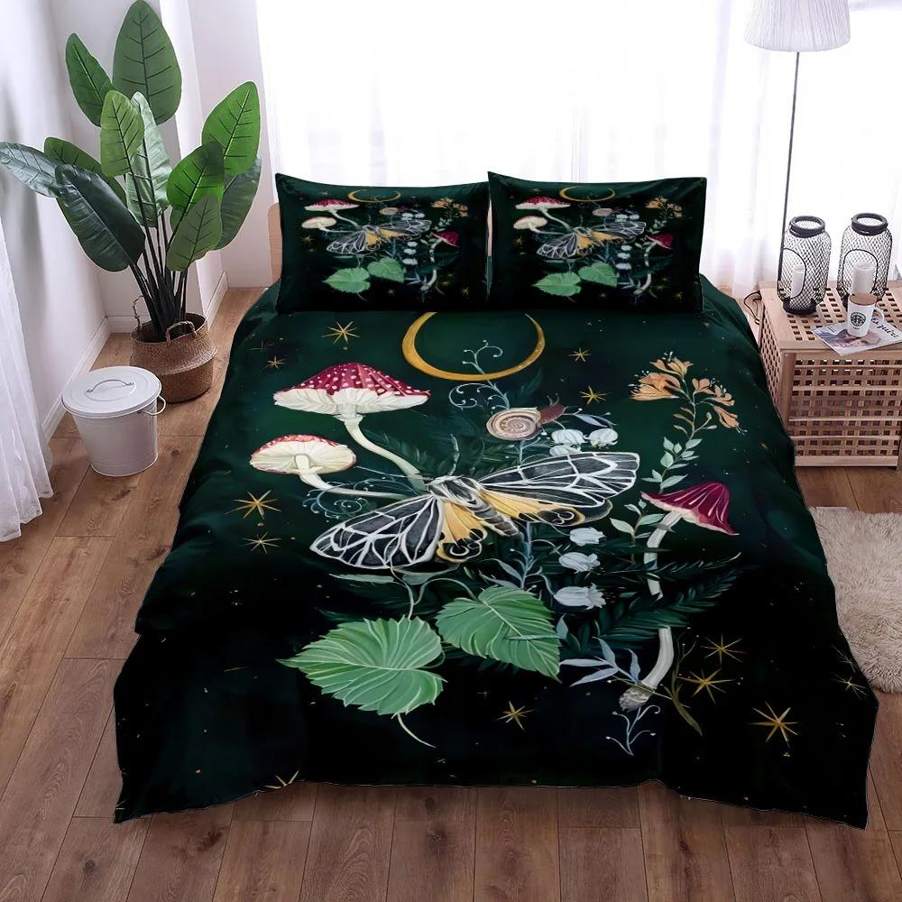 Duvet pillowcase, mushroom bedding set, forest plant print home Bedroom decor for kids boy gift comforter sets
