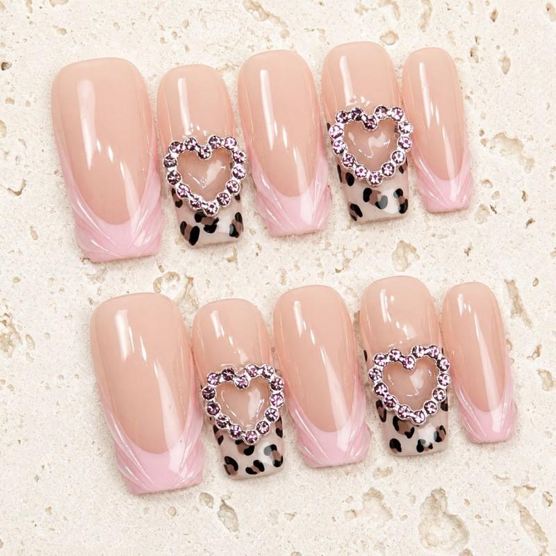 10pcs Handmade Press-On Nails With Pink Leopard Print Heart Rhinestones Sweet Spicy Style Removable Nail Tips Women