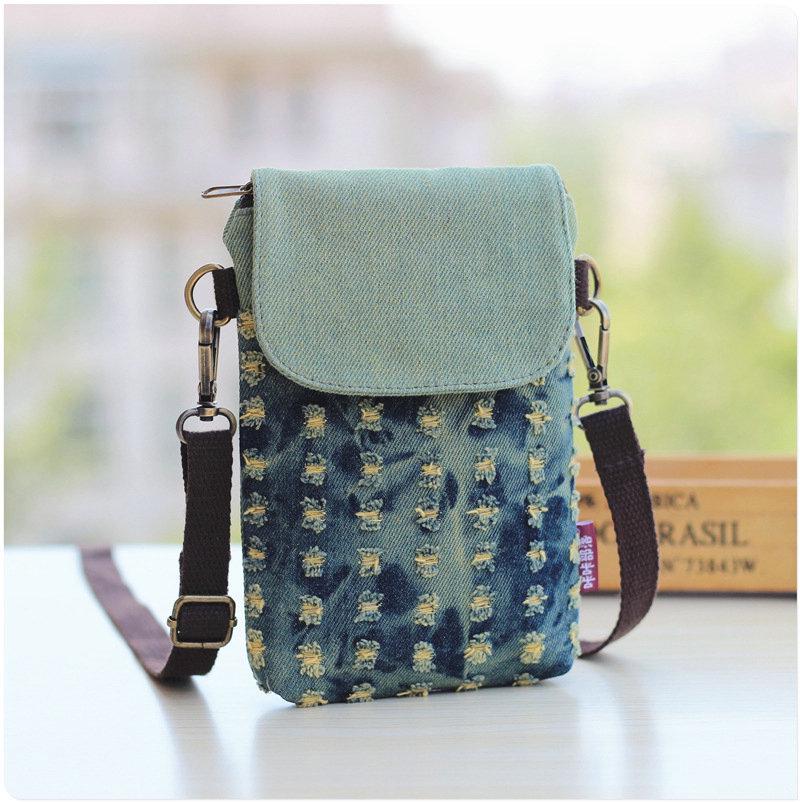 Denim Ripped Crossbody Small Bag - Cloth Art Large Screen Mobile Phone Bag
