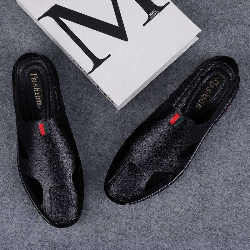 Casual Sandals Men's Tide 2021 New Summer Baotou Sports Hole Shoes Men's Leather Shoes Soft Leather Men's Beach Shoes