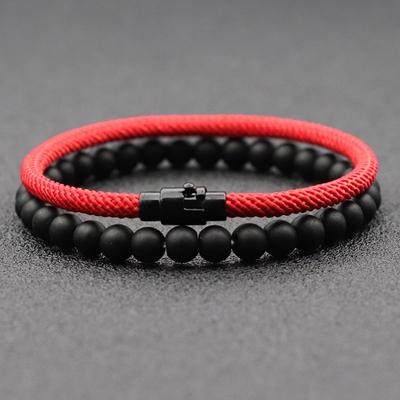 Conjunto de 2 peças de pulseiras combinando unissex 6 mm pedra ônix braclet 4 mm cordão corrente braslet par casal brazalete pulseira joias