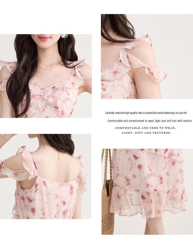 Women's French Retro Floral Spaghetti Strap Ruffle Dress - Petite, Summer Beach Vacation