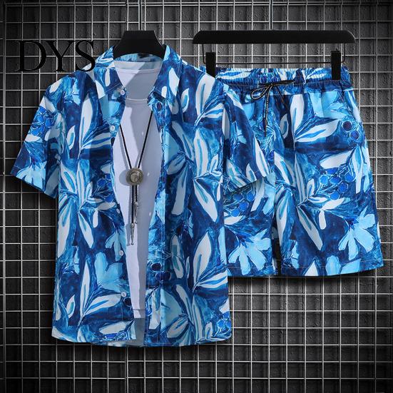 Printed Men Shirt Shorts Set 2Pcs/Set Beach Outfit Lapel Short Sleeve Single Breasted Elastic Drawstring Waist Wide Leg Hawaiian Print Casual