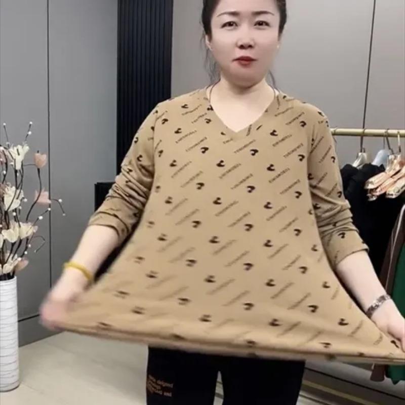 Women's Spring New Loose Slim Mother V-neck Elastic Versatile Thin Base Printing Shirt