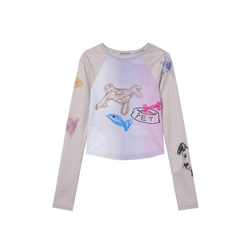 

Newjeans Тот же стиль Theopenproduct2023 Летняя новинка Футболка с длинными рукавами и принтом граффити Короткая облегающая Picture Color 1