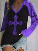 Plus Size Women's V-Neck Long Sleeve Cross Print T-Shirt Casual Loose Fit Top for Everyday Wear