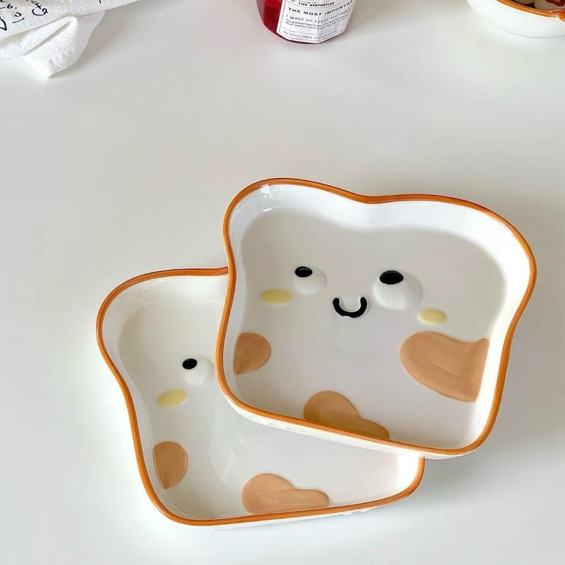 Cute Toast Bread Shaped Ceramic Plate Personalized Rectangular Cake Dim Sum Plates Household Fruit Snack Dish
