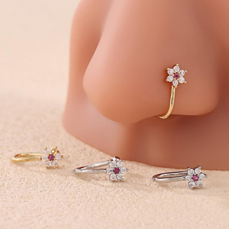 1PC puncture-free nose ring personality cool simple copper micro-inlaid zircon six-valve flower U-shaped nose clip female nose accessories