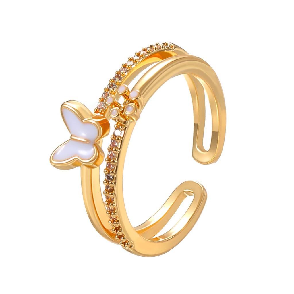 Elegant Geometric Butterfly Ring with Zircon Inlay - Adjustable Double-Layer Design for Women
