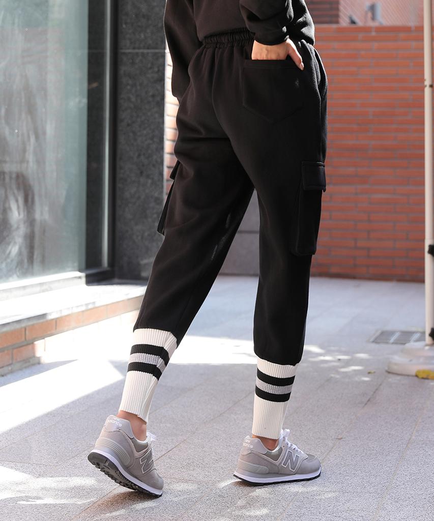 Jikeulib Warm Fleece-Lined String Elastic Pocket Cargo Contrast Hem Long Sock Jogger Pants