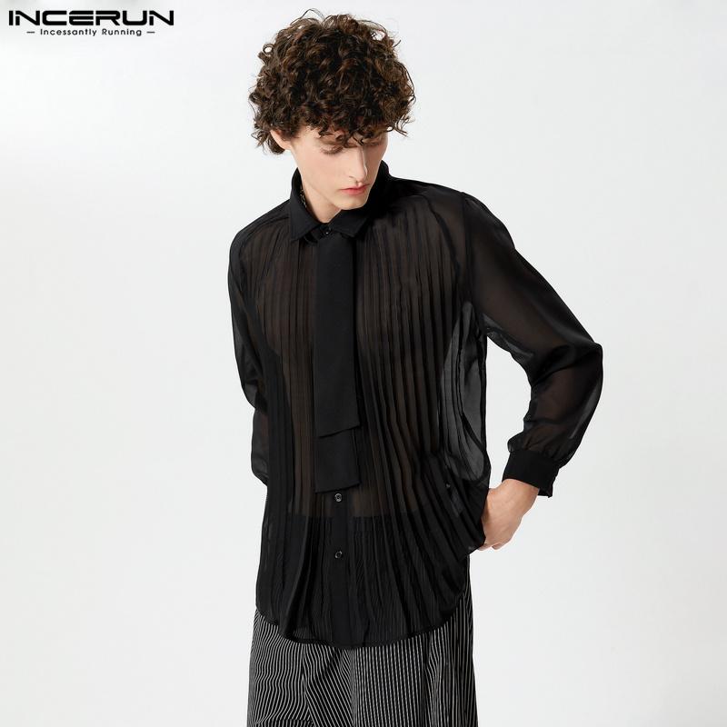 

INCERUN Мужские прозрачные топы с длинными рукавами и пуговицами на шнуровке и шее 4XL чёрный