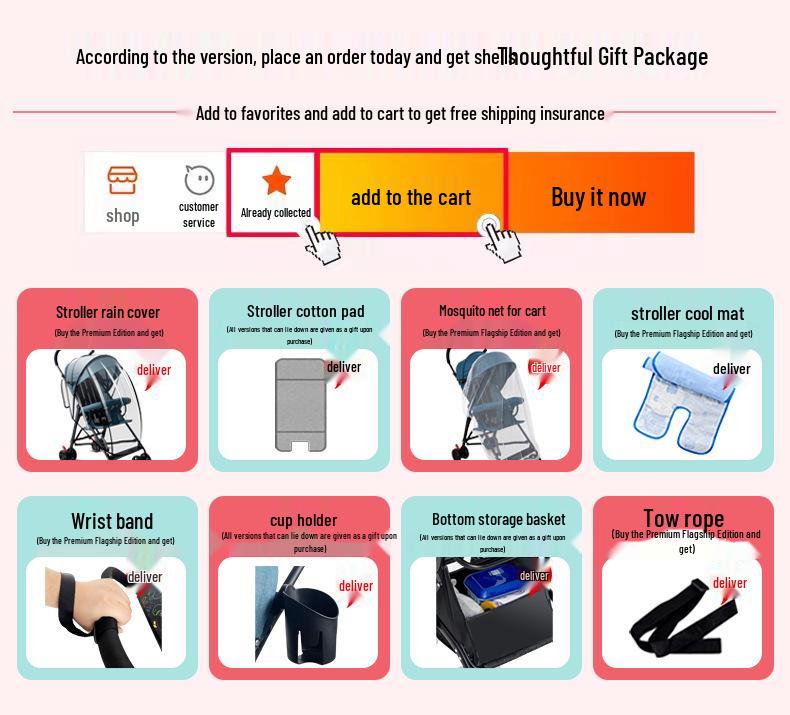 Lightweight Foldable Baby Stroller, Four-Wheeled, Convertible for Sitting or Lying, One-Button Fold Portable Design