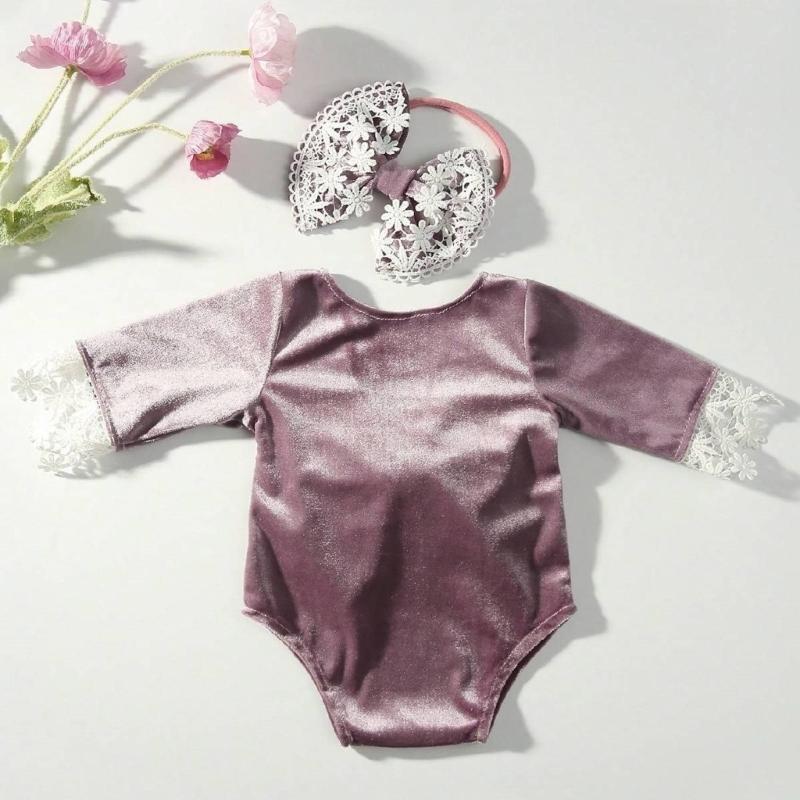 Infant Bowknot Romper and Hairband Photo Clothing Set Photoshooting Props Newborn Shower Gifts Baby Photography Outfit