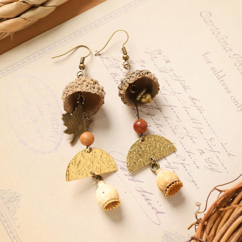 Retro natural plant earrings handmade creative niche acorn fruit long fringed design women's earrings