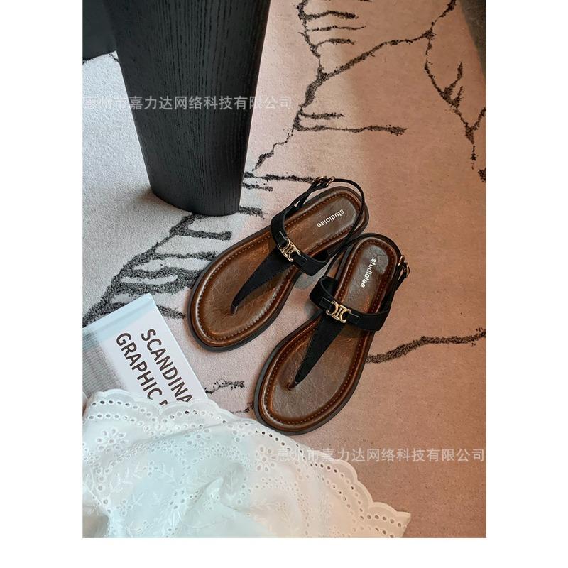 

Овчина~ Ретро Т-образные сандалии для отпуска с металлической пряжкой, женские летние шлепанцы в елочку 40