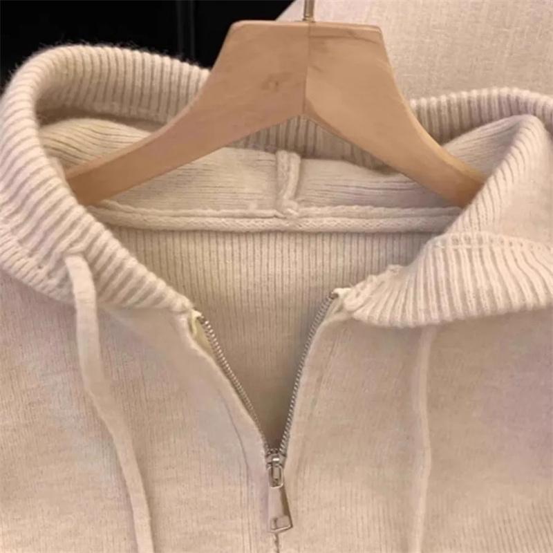 Spring Autumn Women Hooded Sweater Cardigan Tops Female Loose Zipper Knitwear Coat Lady Long Sleeved Outwear
