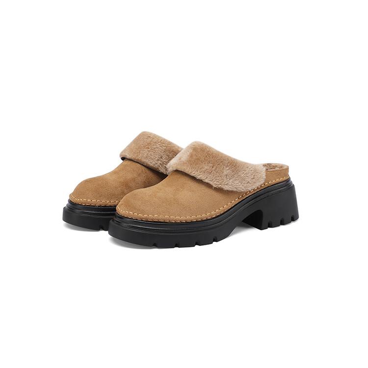 Fashion Autumn Winter Punk Style Warm Plush Slippers New Waterproof Platform 5cm Thick Heel Black Gray Outdoor Women's Shoes Size 34-43