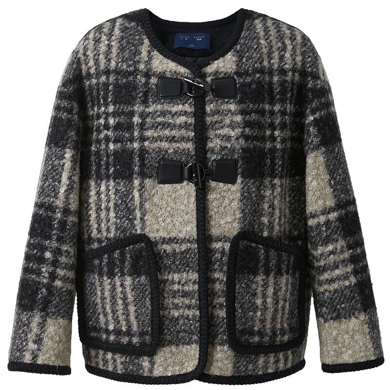 Sancai Women's Winter Plaid Boucle Toggle Button Wool Coat