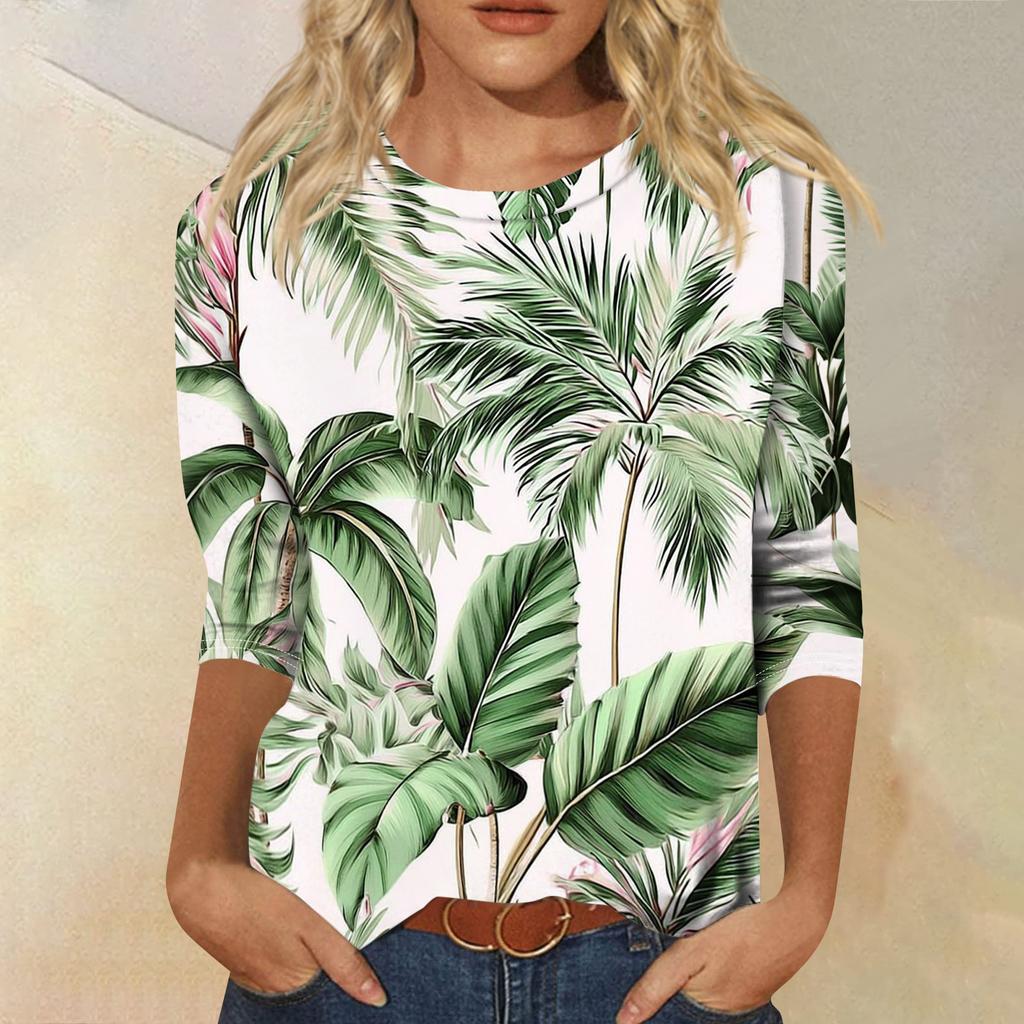 Women’s Half Sleeve Crew Neck T Shirt with Tropical Leaf and Floral Print Relaxed Fit Lightweight Top Blouse