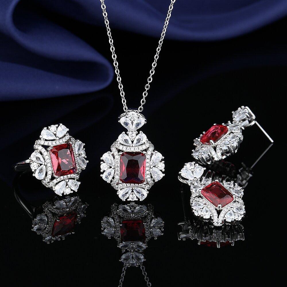 Luxury Pigeon Blood Ruby Stud Earrings Necklace Ring Set Actress Crystal Zircon Clavicle Chain Colored Treasure Jewelry Ring Size:Adjustable