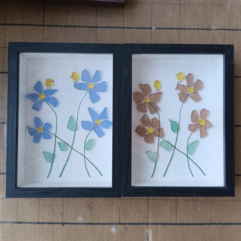 Handmade Sea Glass Art Frame Table Decors Forget Me Not Flower Birds Sea Glass Table Art Decors Gift for Friend