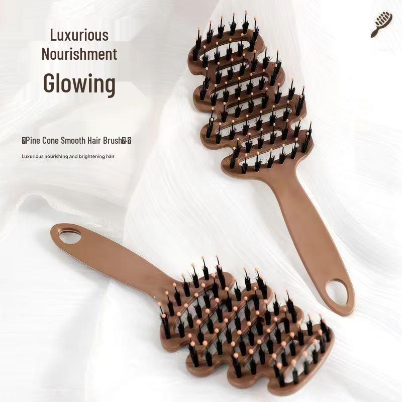 Eco-friendly Pig Bristle Pine Cone Comb for Fluffy, Static-free Hair Removal коричневый